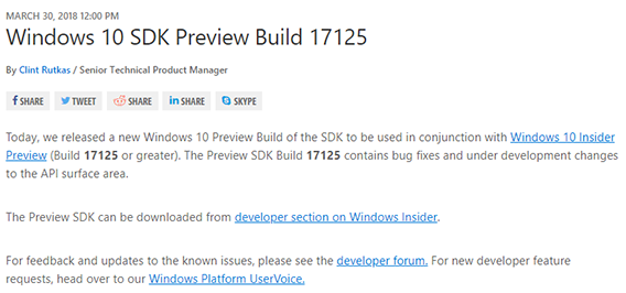 微软发布Windows 10 SDK预览版Build 17125下载