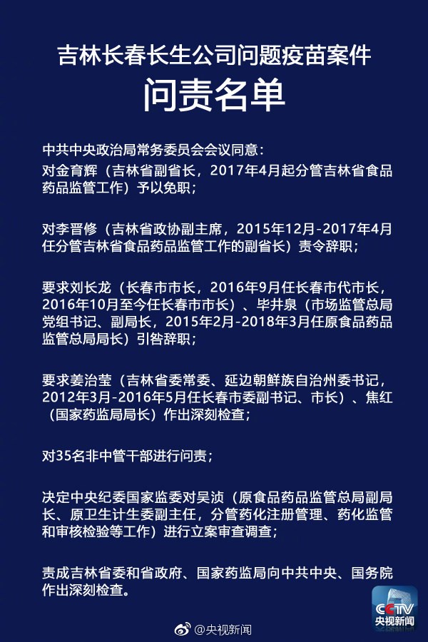 央视：中央政治局听取长生疫苗门调查报告，严肃问责相关人员