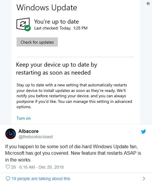 Windows Update或将很快支持在更新后立即重启电脑