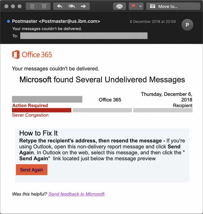 最新钓鱼邮件曝光：伪装成Office 365未送达邮件